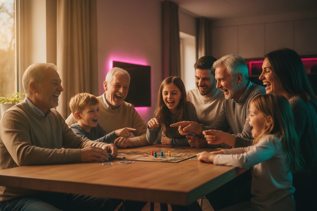 A family laughing around the dinner table during a game.