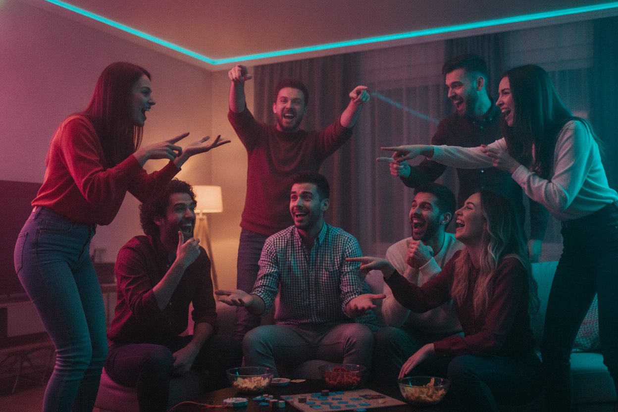 Friends mid-game at a lively party, laughing.