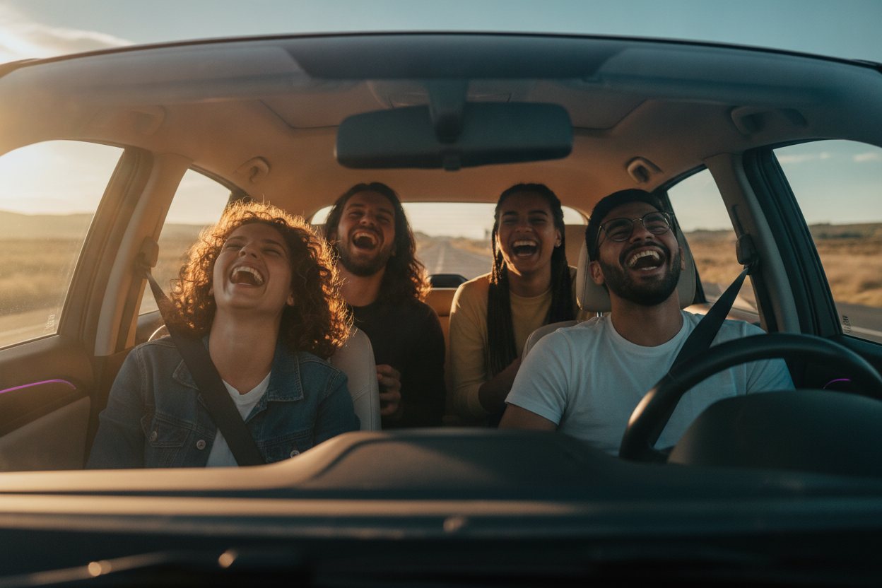 Friends laughing together on a road trip.