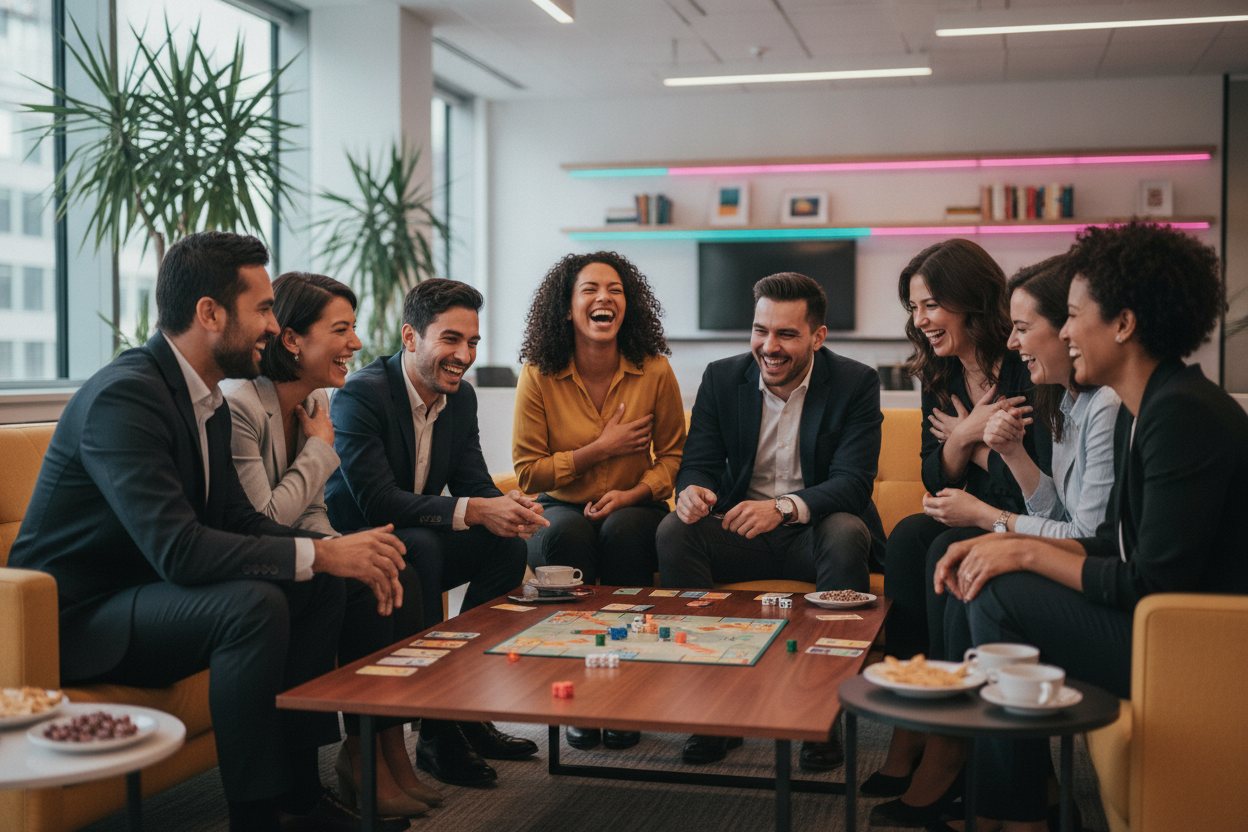 Coworkers laughing during a team activity.